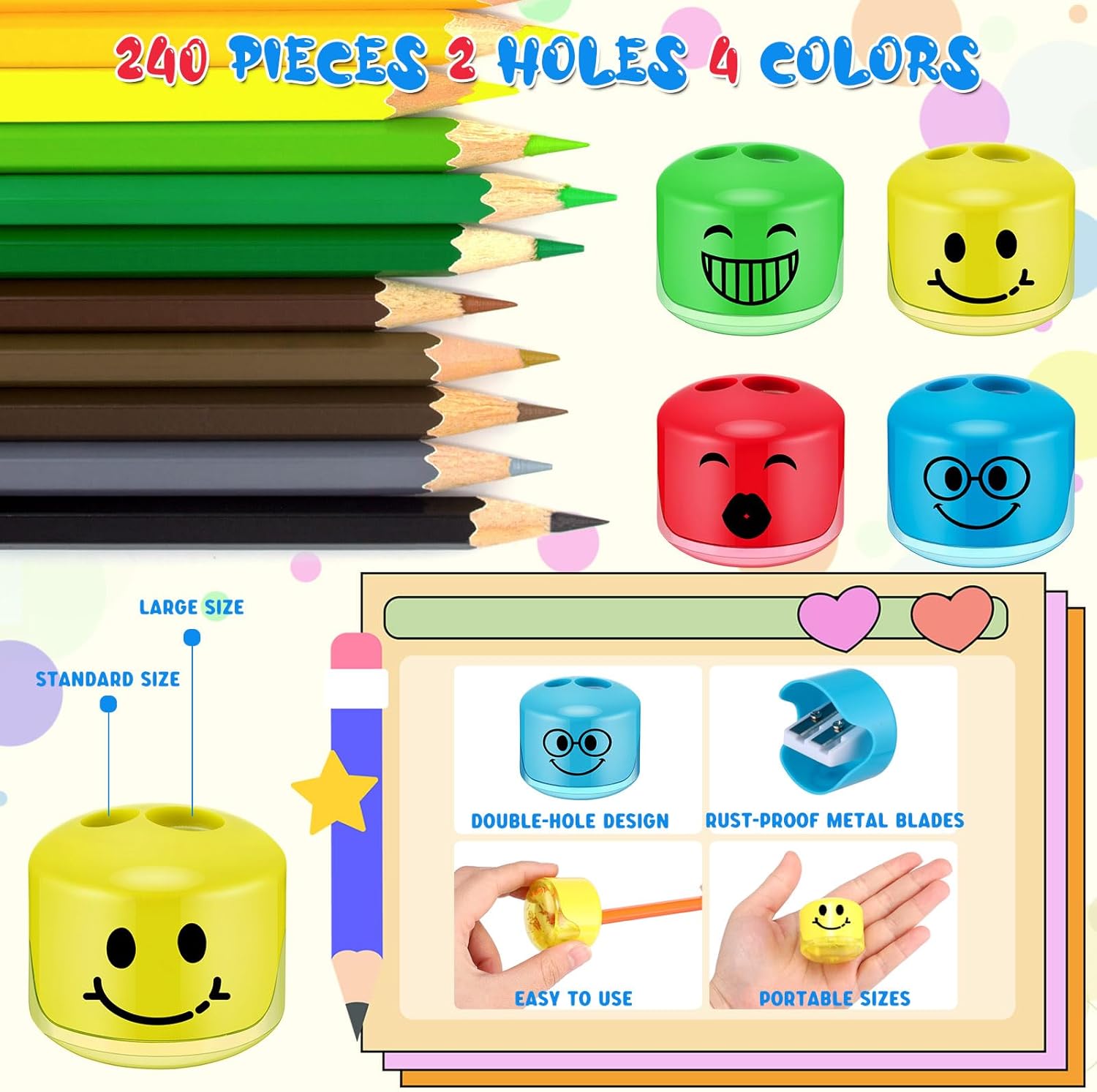 240 sacapuntas de mano para niños, sacapuntas manuales de doble agujero, sacapuntas de expresión de dibujos animados coloridos para escuela,