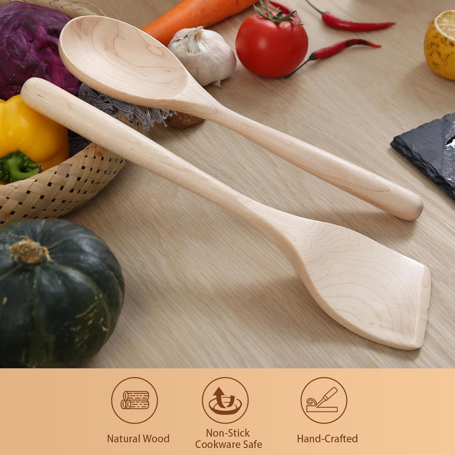 Cucharas de madera para cocinar, cucharas de madera cómodas de mango grueso de 12 pulgadas, utensilios de cocina de madera para agitar, raspar,