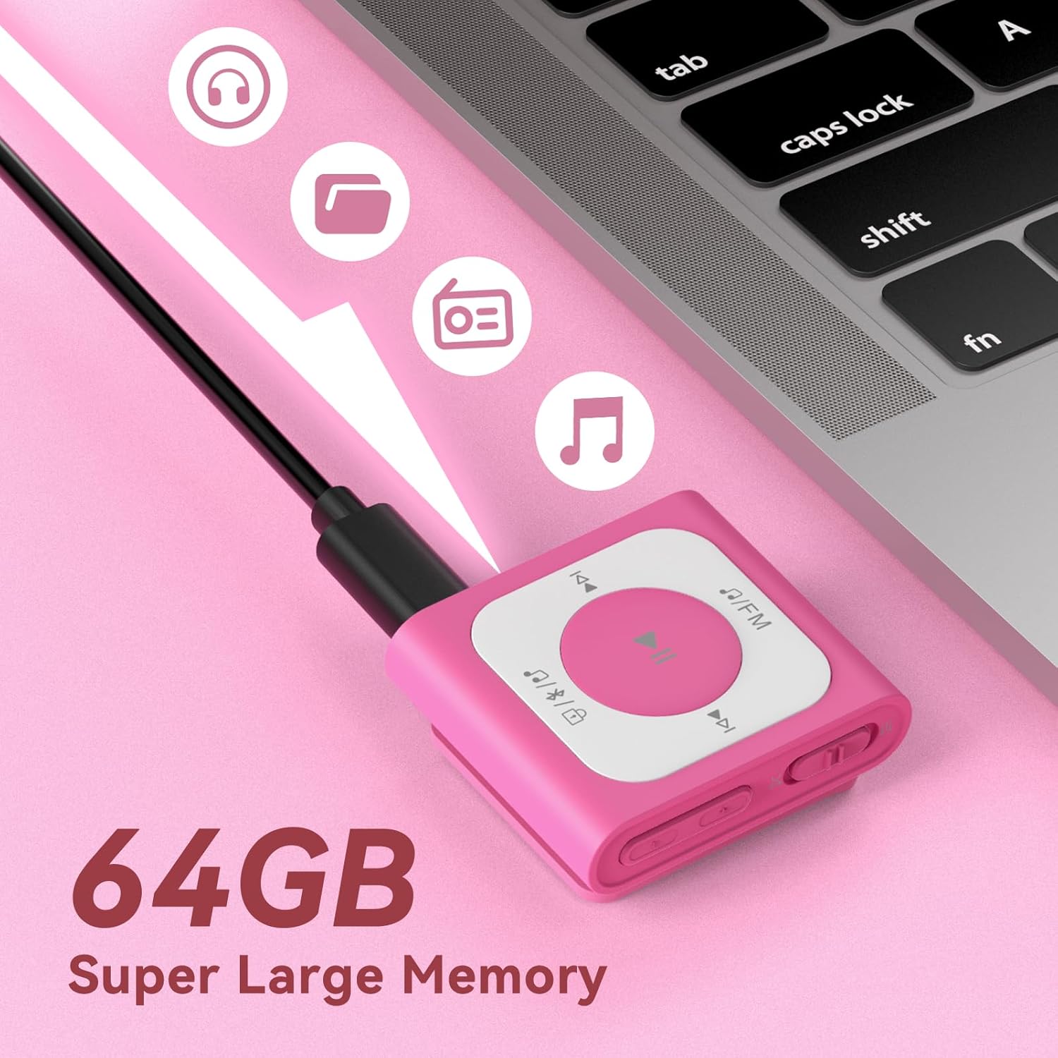 AGPTEK A51PL – Reproductor de MP3 con clip de 64 GB con Bluetooth, reproductor de música portátil con radio FM, no necesita teléfono, para deportes,