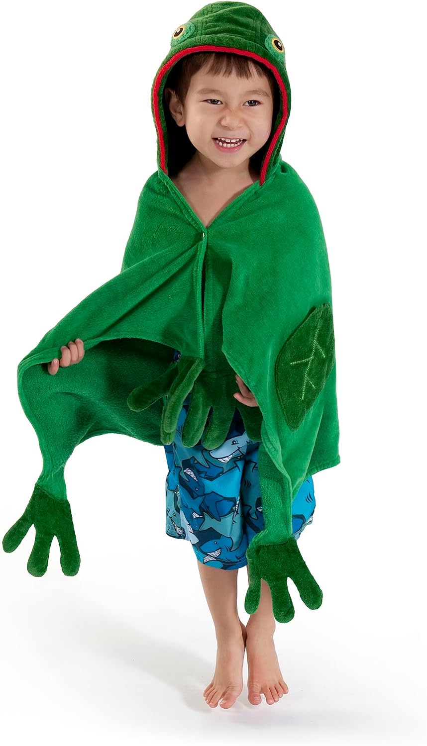 Toalla de rana para niños, tamaño pequeño, con capucha verde para bañera, playa o piscina, toalla 100% algodón para niños, lavable a máquina