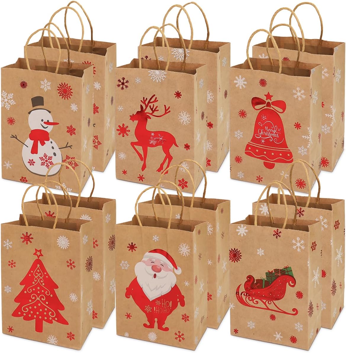 Bolsas de regalo de papel kraft de Navidad, 12 unidades de estilos surtidos, bolsas de papel pequeñas de Navidad con asas, bolsas de regalo de