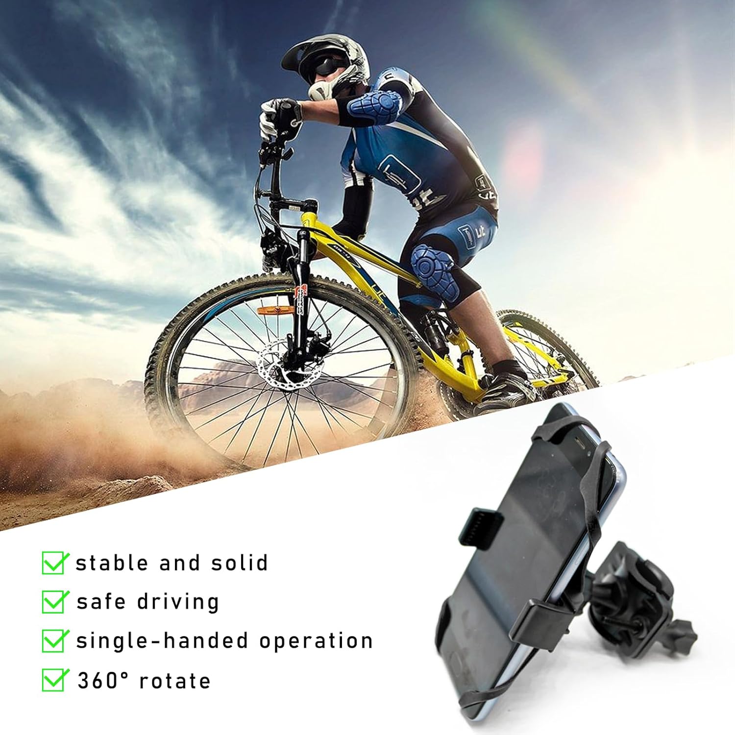 Soporte de teléfono para bicicleta, soporte de motocicleta ajustable giratorio de 360, soporte universal antivibraciones para teléfono celular,