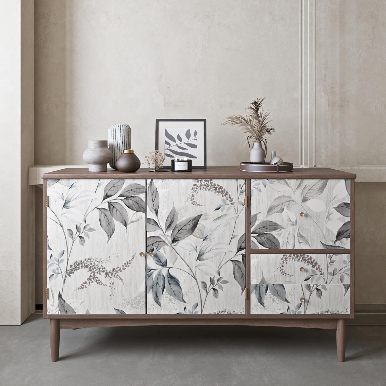 Papel tapiz de hojas grises y blancas, papel tapiz de hojas botánicas para despegar y pegar, impermeable, decoración de granja para estantes, sala