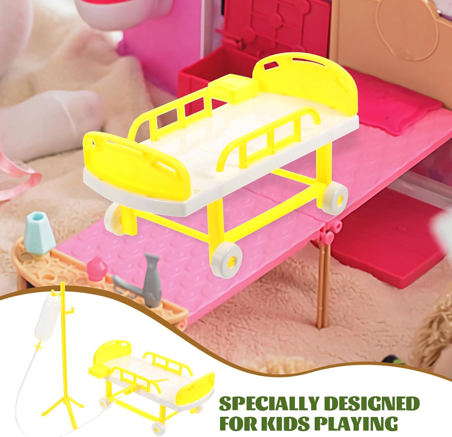 Zerodeko Decoración del hogar, 1 juego para niños, equipo de juego de simulación, cama de hospital en miniatura y botella de infusión modelo, juego