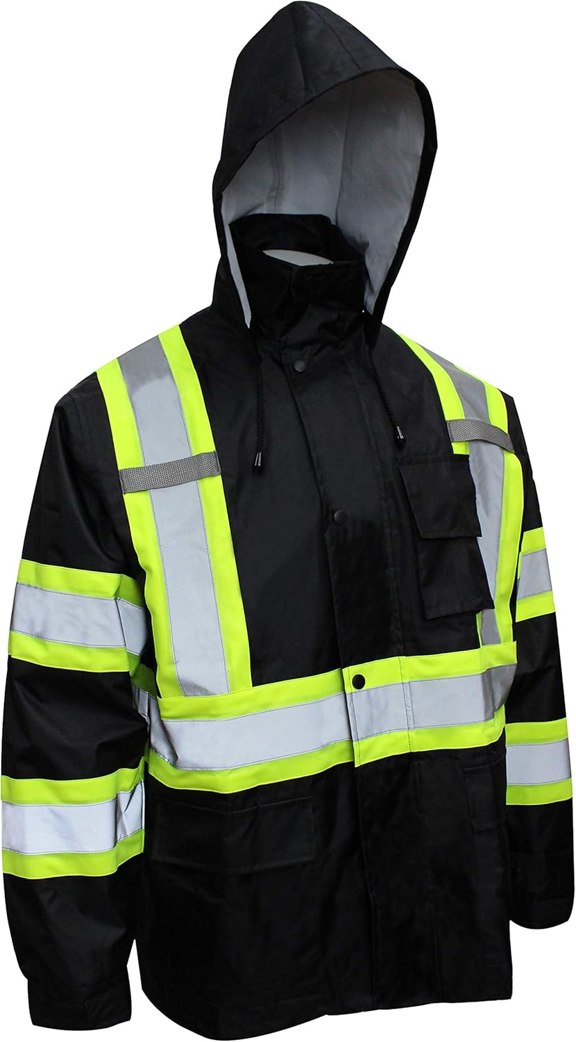 TBK66 – Traje de lluvia clase 3, chaqueta, pantalones de alta visibilidad, parte inferior negra reflectante con patrón en X (4XL, negro), Negro neón