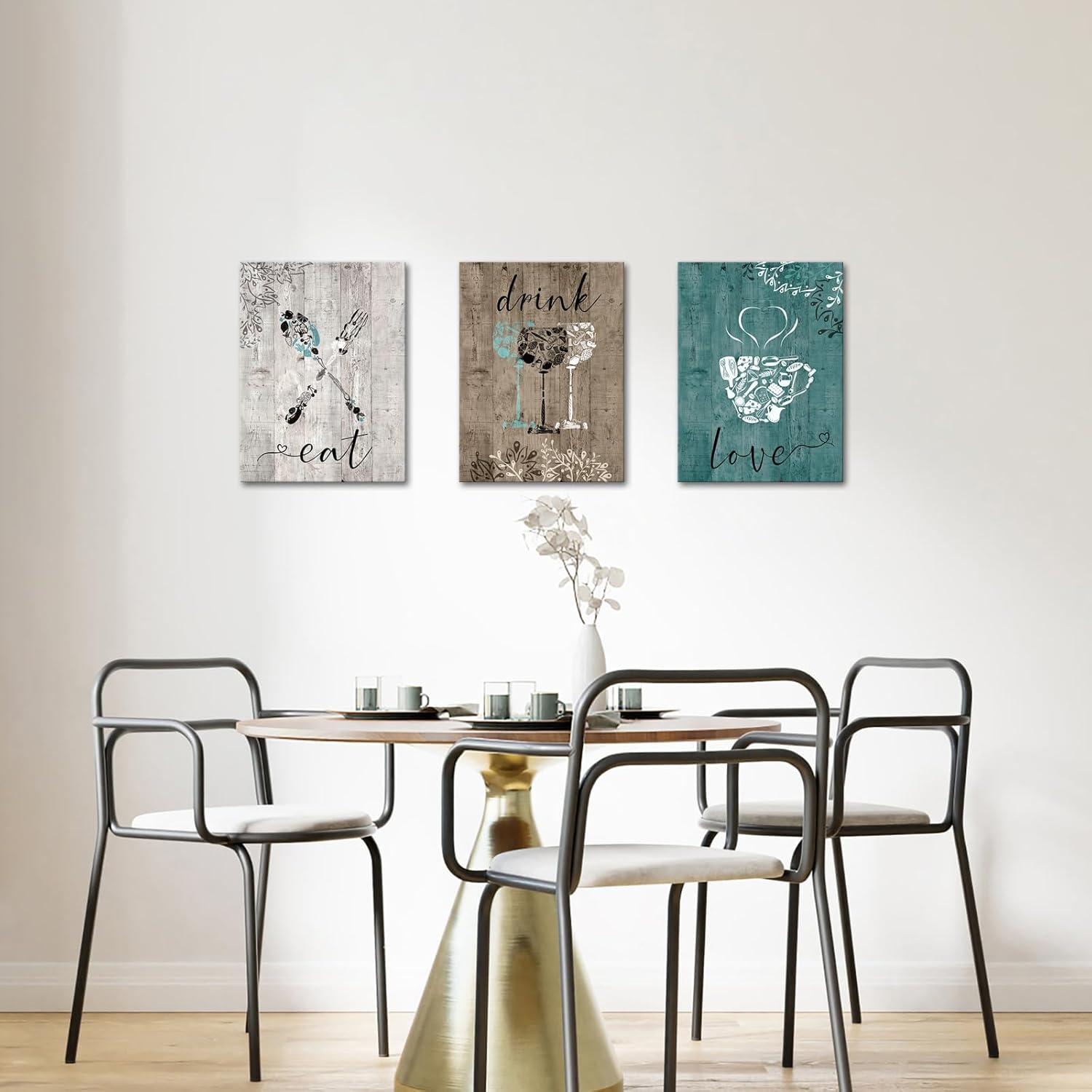 iKNOW FOTO Decoración vintage de cocina de 3 piezas, juego de arte de pared en lienzo con texto en inglés “Love Eat Drink”, accesorios de pared para