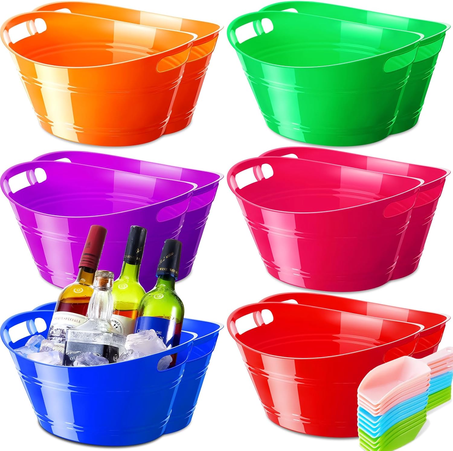 Dandat 24 cubos de hielo de colores, cuchara de hielo de plástico a granel, 4.5 l, ovalada, con asas, gran capacidad, contenedores de almacenamiento