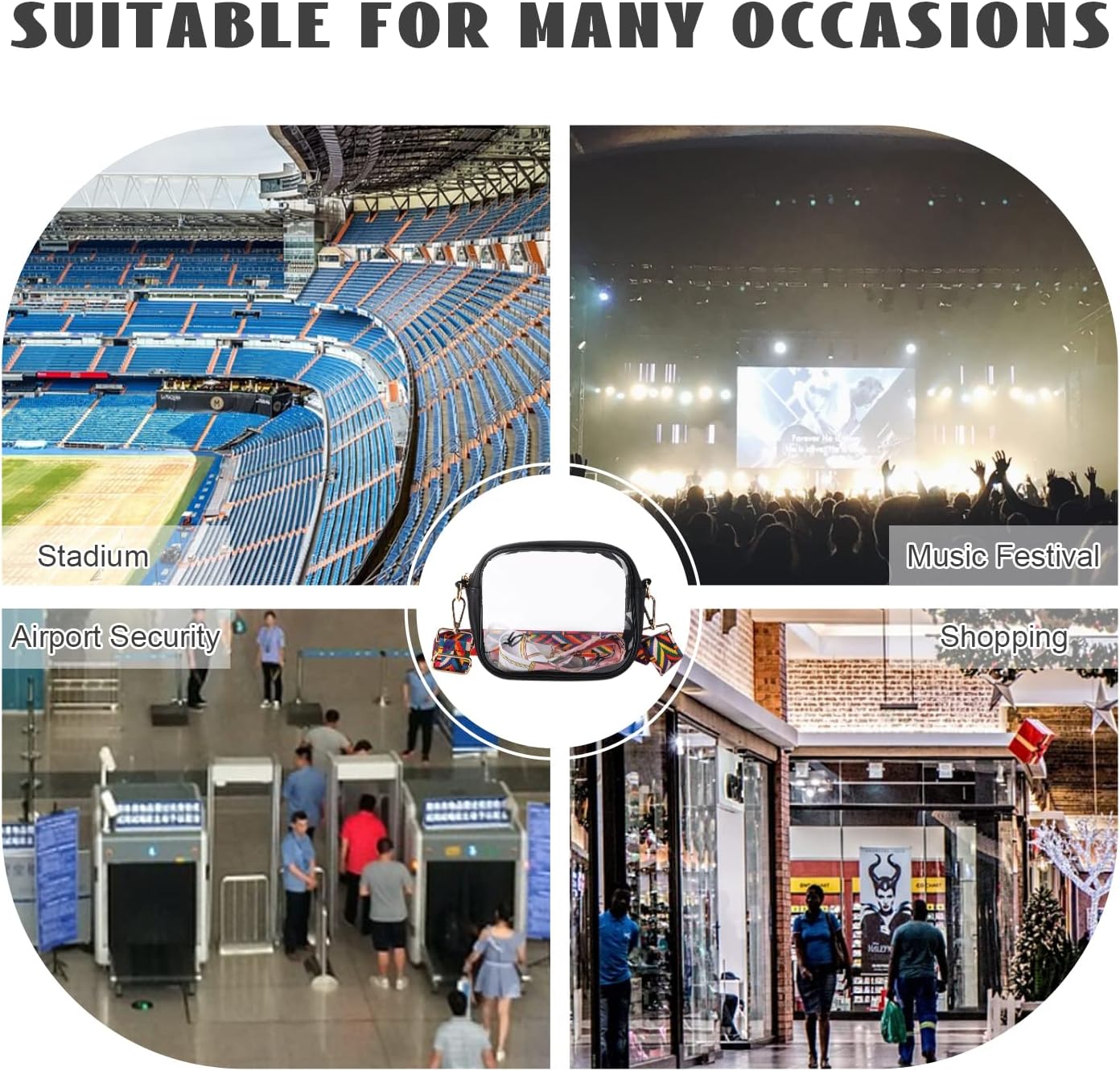 Oweisong Bolsa transparente para mujer, aprobada para estadios, correa de guitarra, bolsa de hombro transparente para conciertos deportivos