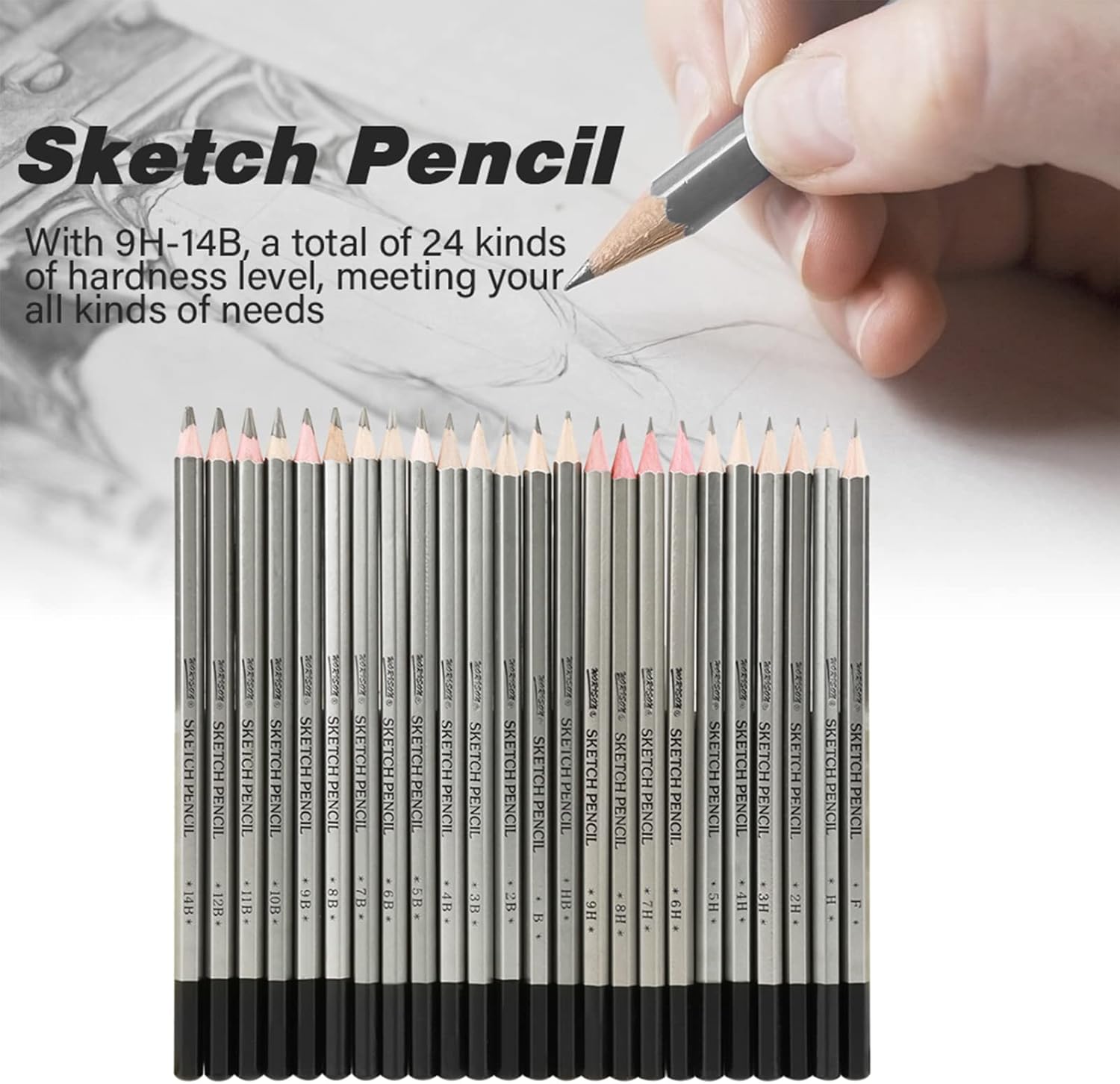 AYNEFY Juego de 24 lápices de bocetos, 9H-14B, lápices de dibujo profesionales, lápices de dibujo de grafito, lápices de pintura de colores,