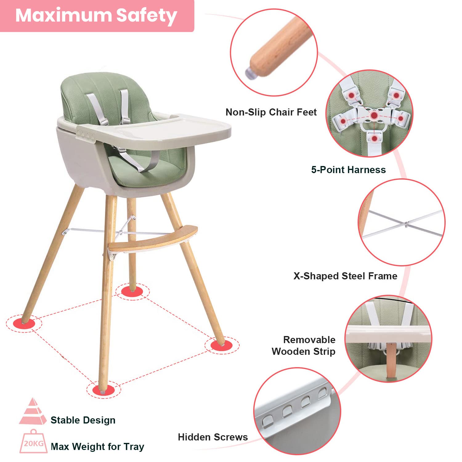 Foho Silla alta para bebé, perfecta silla alta convertible 3 en 1 de madera con cojín, bandeja extraíble y patas ajustables para bebé y niños