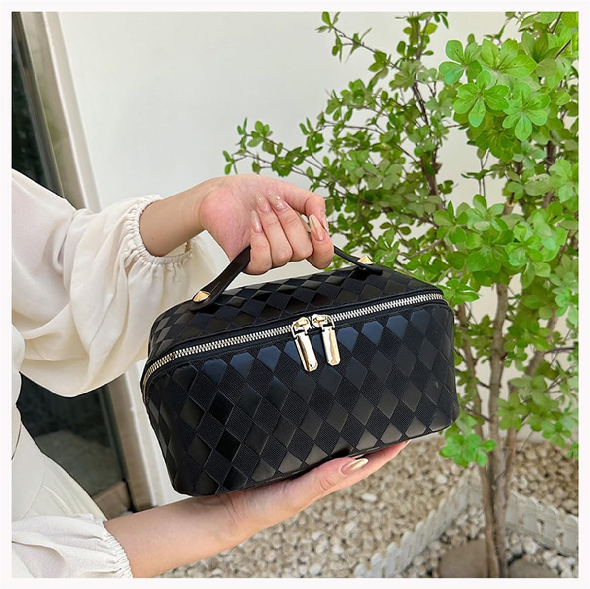 Bolsa de maquillaje de viaje, bolsa de maquillaje de gran apertura, bolsa de maquillaje portátil que se abre plana para un fácil acceso, bolsa de
