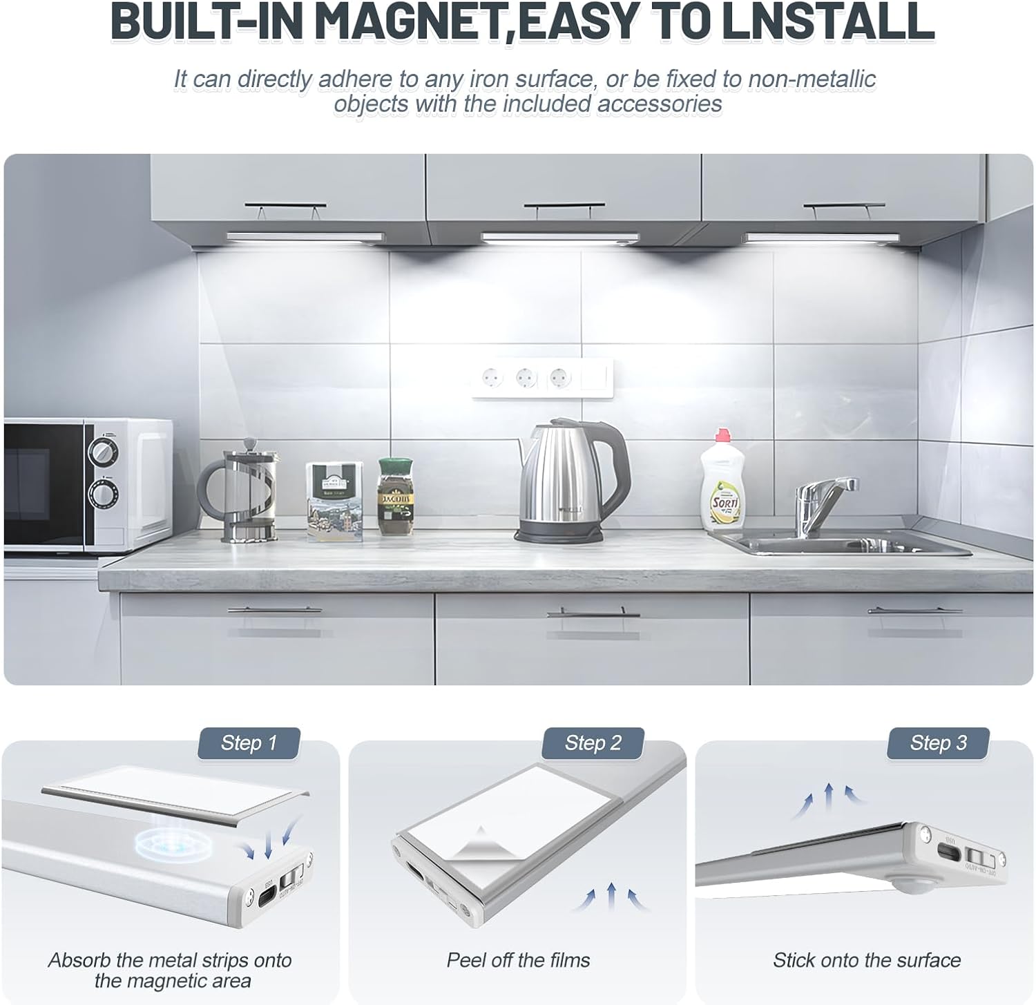 Luces para debajo del gabinete, 30 luces LED con sensor de movimiento para interiores, paquete de 6 luces inalámbricas recargables por USB para