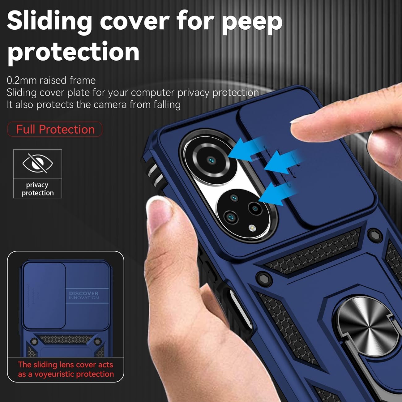 Funda para Honor X7, CMA-LX2 CMA-LX1 con protector de pantalla de vidrio templado y cubierta de cámara deslizante, soporte de anillo giratorio de
