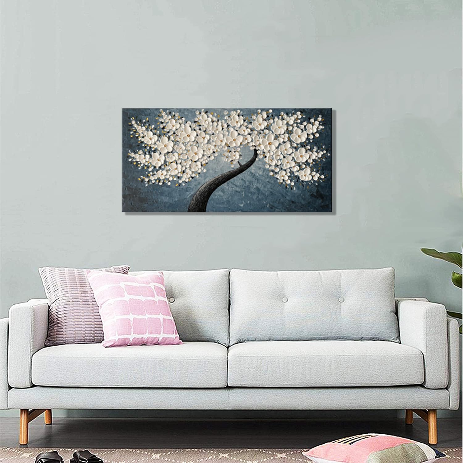 zoinart 3D Floral Oil Paintings on Canvas Wall Art 40×20 Inches Abstract White Flower Modern Canvas Wall Art Contemporary Tree Art Texture Artwork