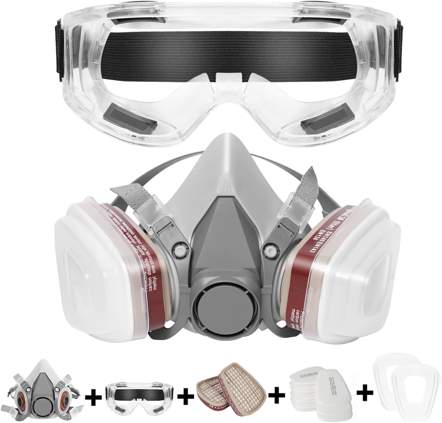 Máscara respiradora, máscara de gas 18 en 1 con gafas de seguridad, protección respiratoria profesional, filtros para pintura, productos químicos,
