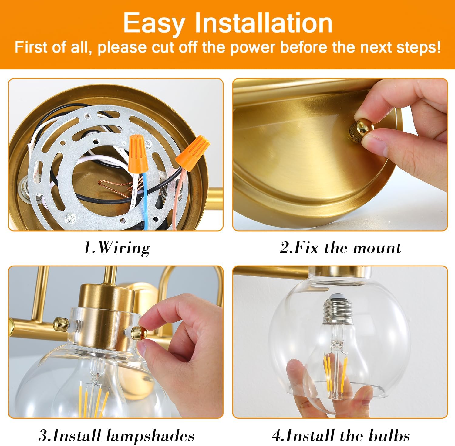 Lámpara de tocador de 3 luces, lámparas de baño de latón cepillado, apliques de pared de granja con pantalla de vidrio transparente de globo,