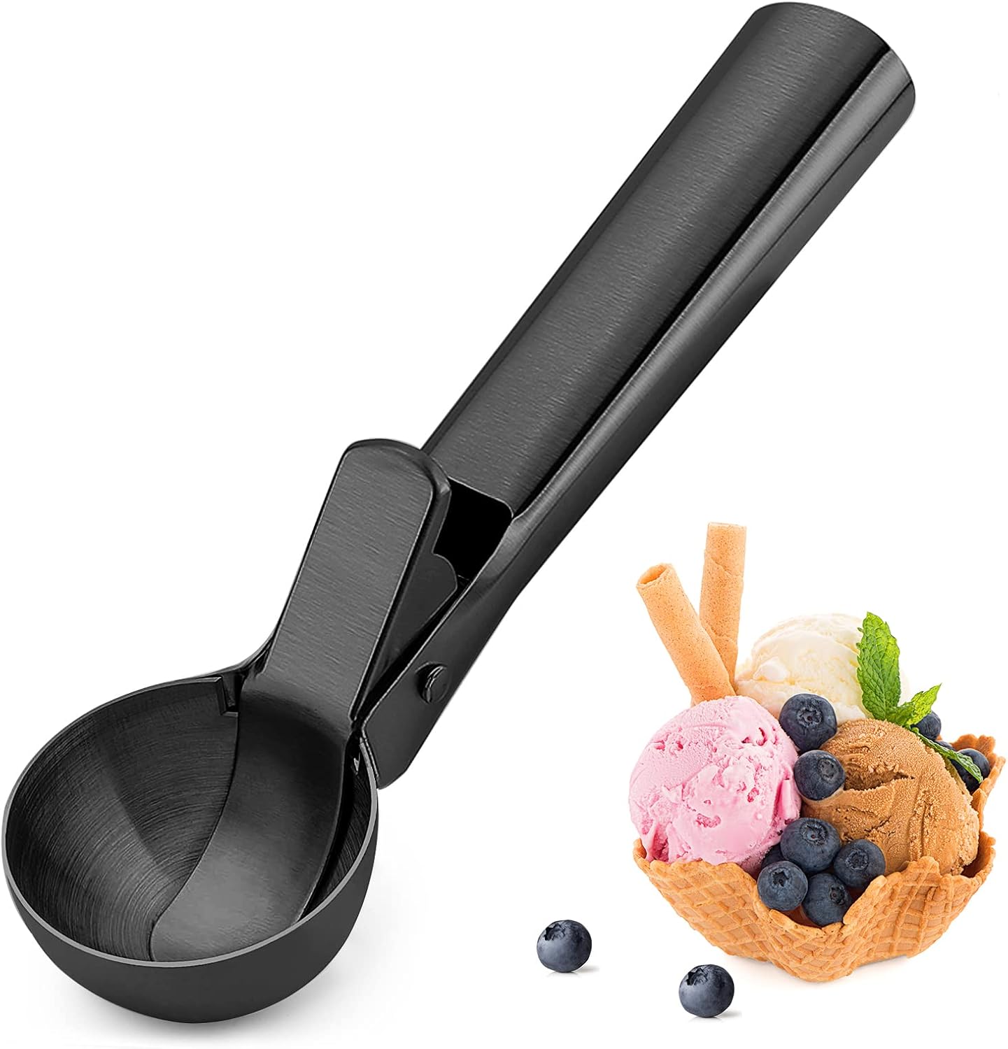 Cuchara de helado de acero inoxidable con cucharas de helado con gatillo, perfecta para yogur congelado, gelatos, helados (negro)