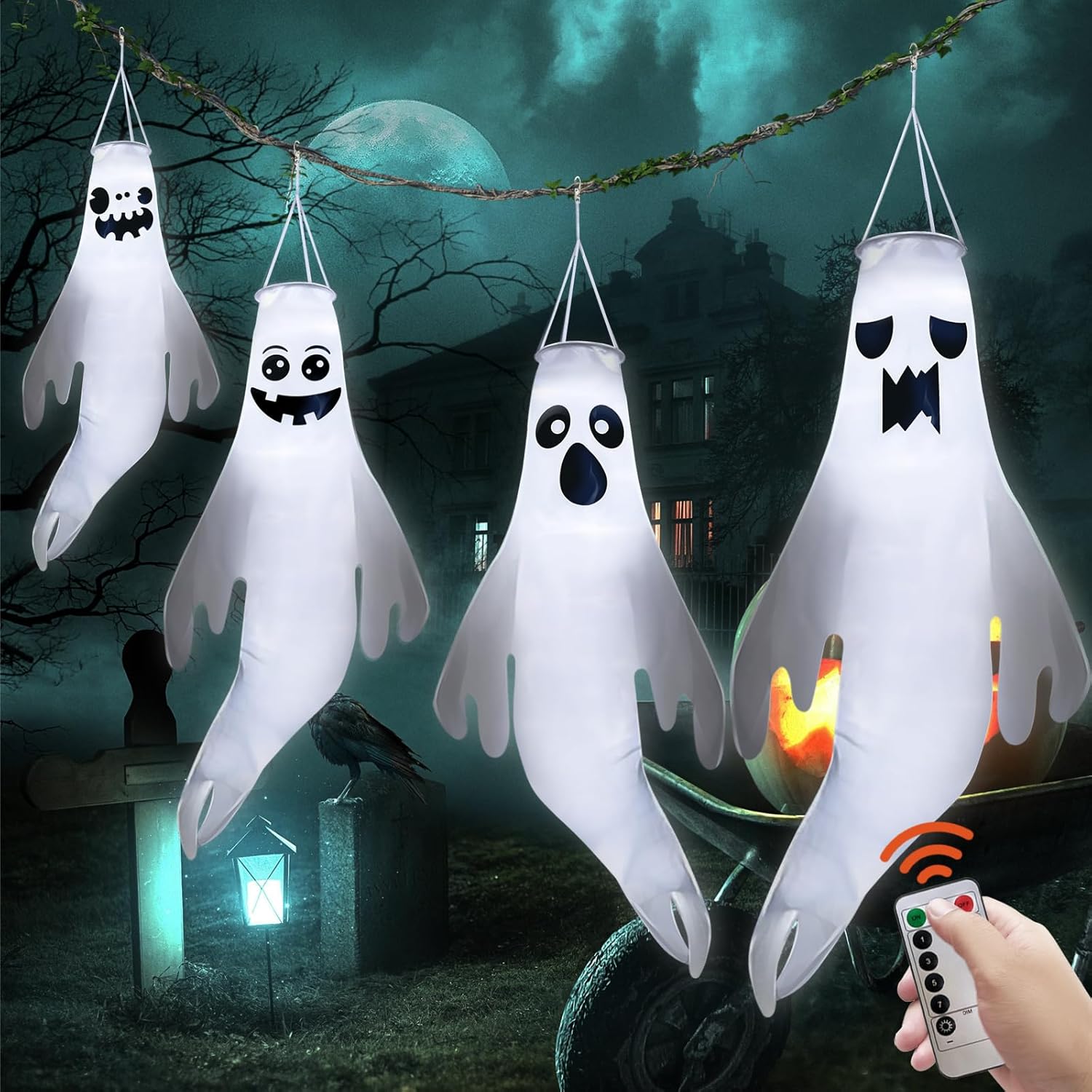 4 turbinas de viento fantasma de Halloween de 45 pulgadas para decoración al aire libre, lindo fantasma con control remoto y cadena de luz LED, 8