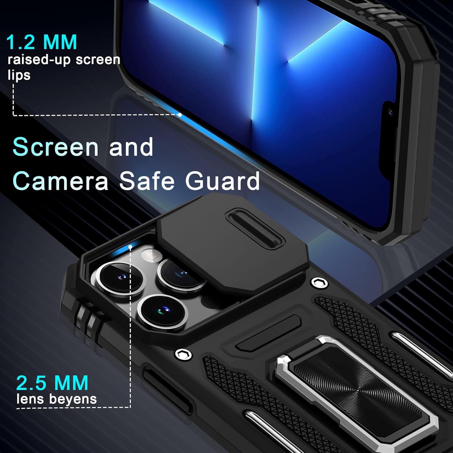 DEERLAMN Funda para iPhone 13 Pro con cubierta deslizante para cámara + protector de pantalla (1 unidad), soporte de anillo giratorio de grado
