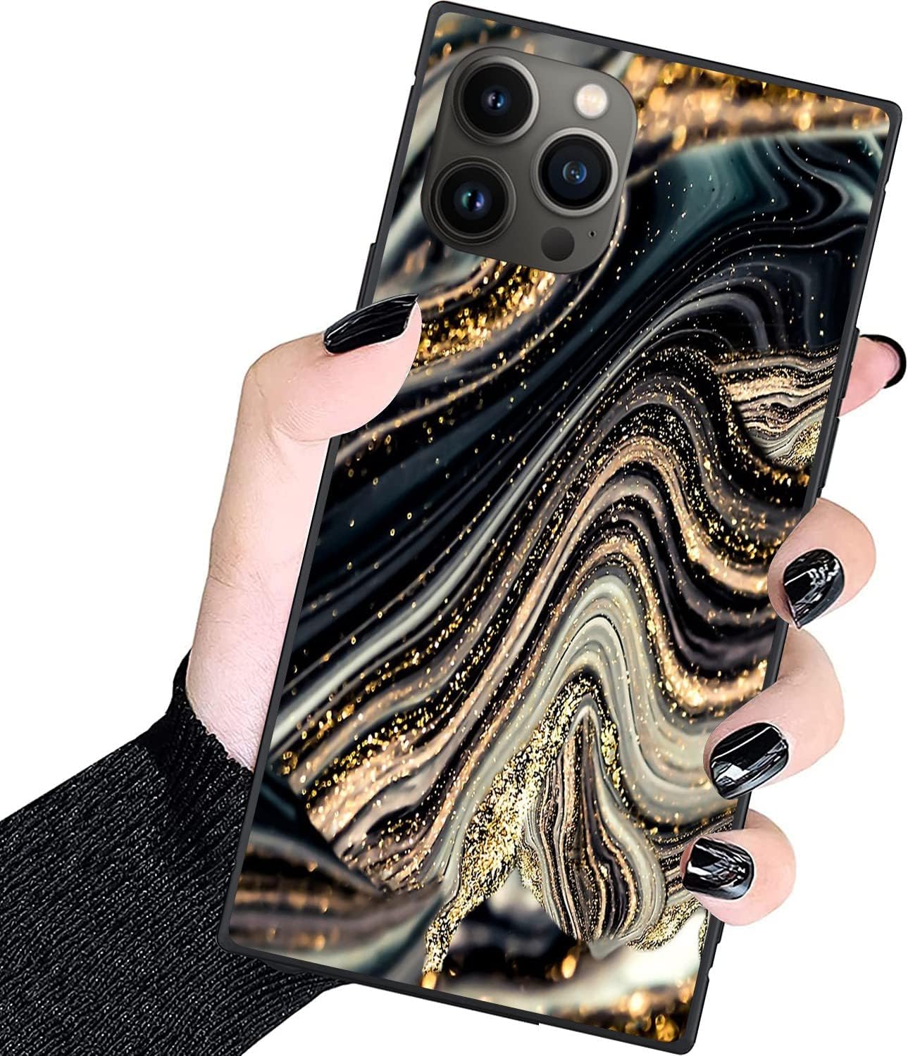 Funda cuadrada de lujo para iPhone 15 Pro Max, funda cuadrada con diseño de mármol de geoda de ónix negro y dorado para mujeres y hombres, funda de