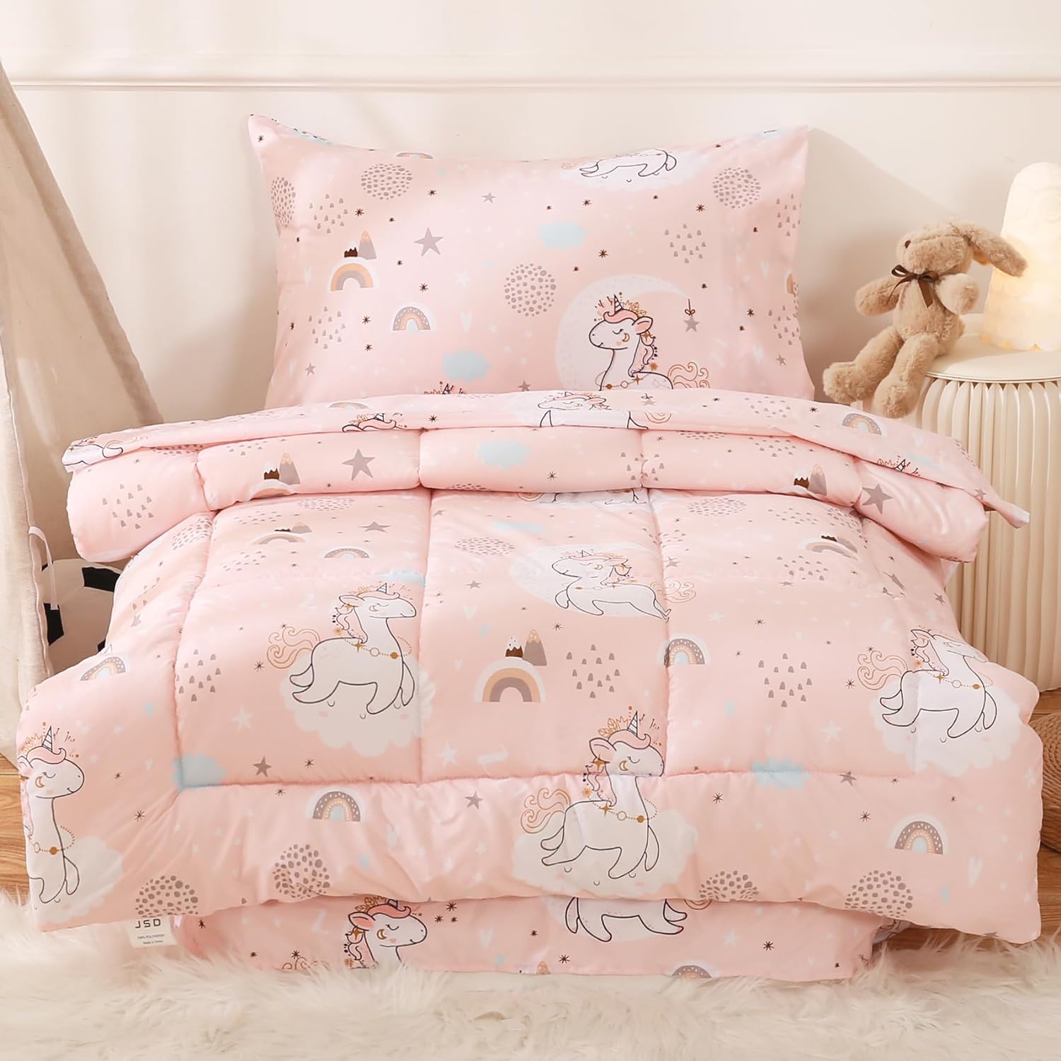 JSD Juego de ropa de cama infantil de 4 piezas de unicornio rosa, juego de edredón de microfibra con estampado de niñas, incluye sábana encimera,
