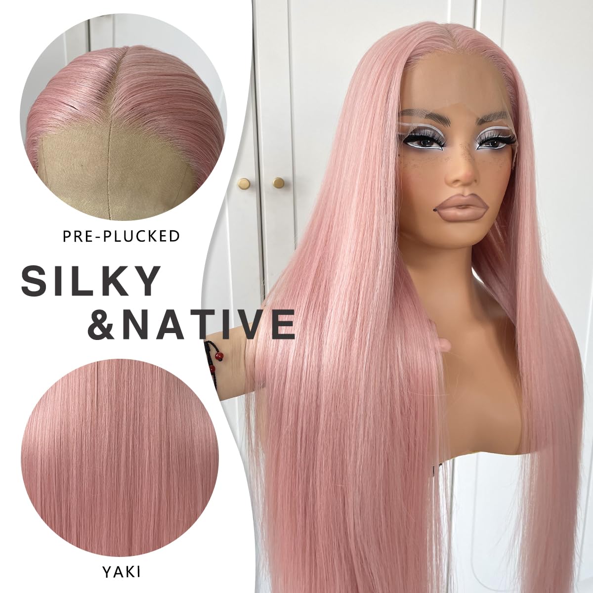 MITIMES Peluca rosa de 32 pulgadas  Peluca de encaje frontal de color rosa claro prearrancada sin pegamento sintética larga recta para mujer, peluca