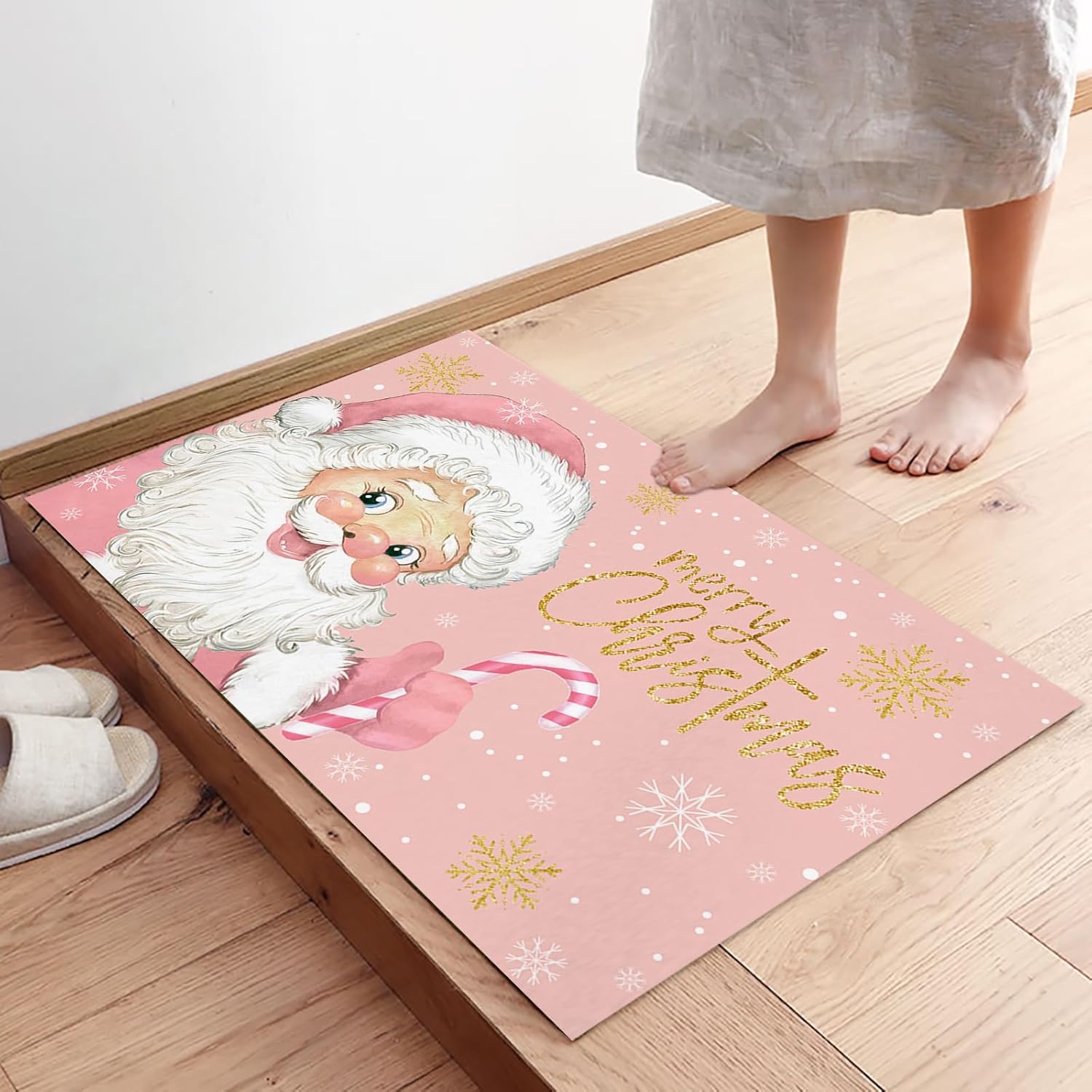 Tapete de interior, tapete de entrada, tapete de entrada con textura rosa de Papá Noel, tapete antideslizante de bienvenida absorbente para cocina,