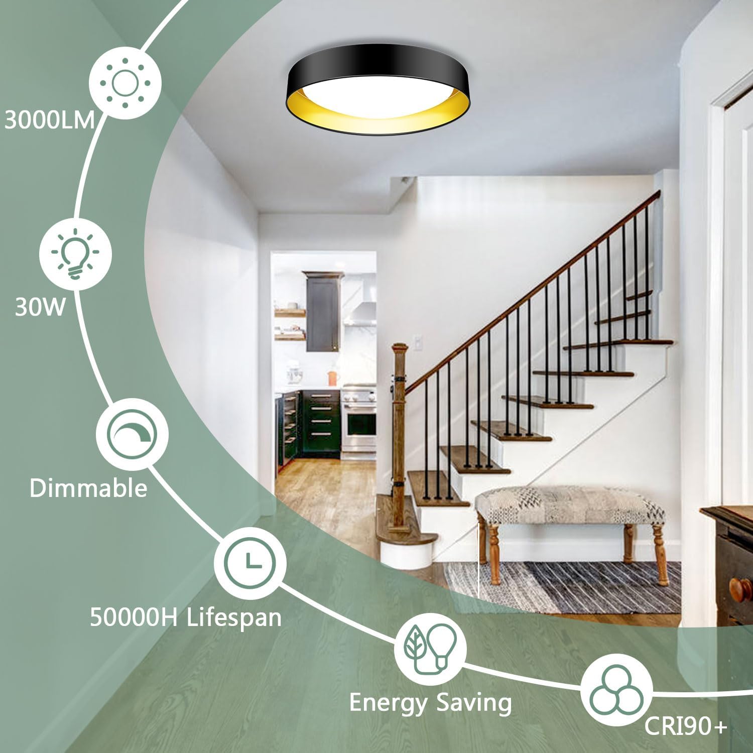 Lámpara de techo LED de montaje empotrado, 12.5 pulgadas, 30 W, equivalente a 375 W, color negro con luz de techo interior dorada regulable – 3CCT