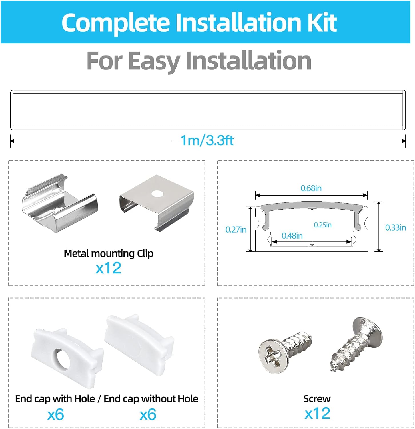 Paquete de 6 canales de aluminio LED en forma de U de 3.3 pies con cubierta difusora blanca lechosa, clips de montaje y tapas finales, perfiles de