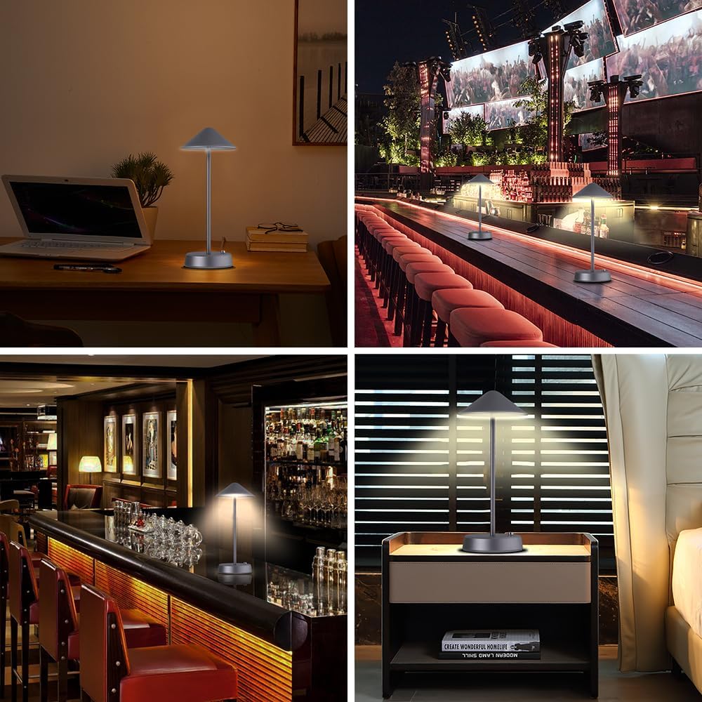 Lámpara de escritorio portátil de metal, lámpara de mesa LED de metal inalámbrica, lámpara recargable de control táctil de 3 colores, lámpara de