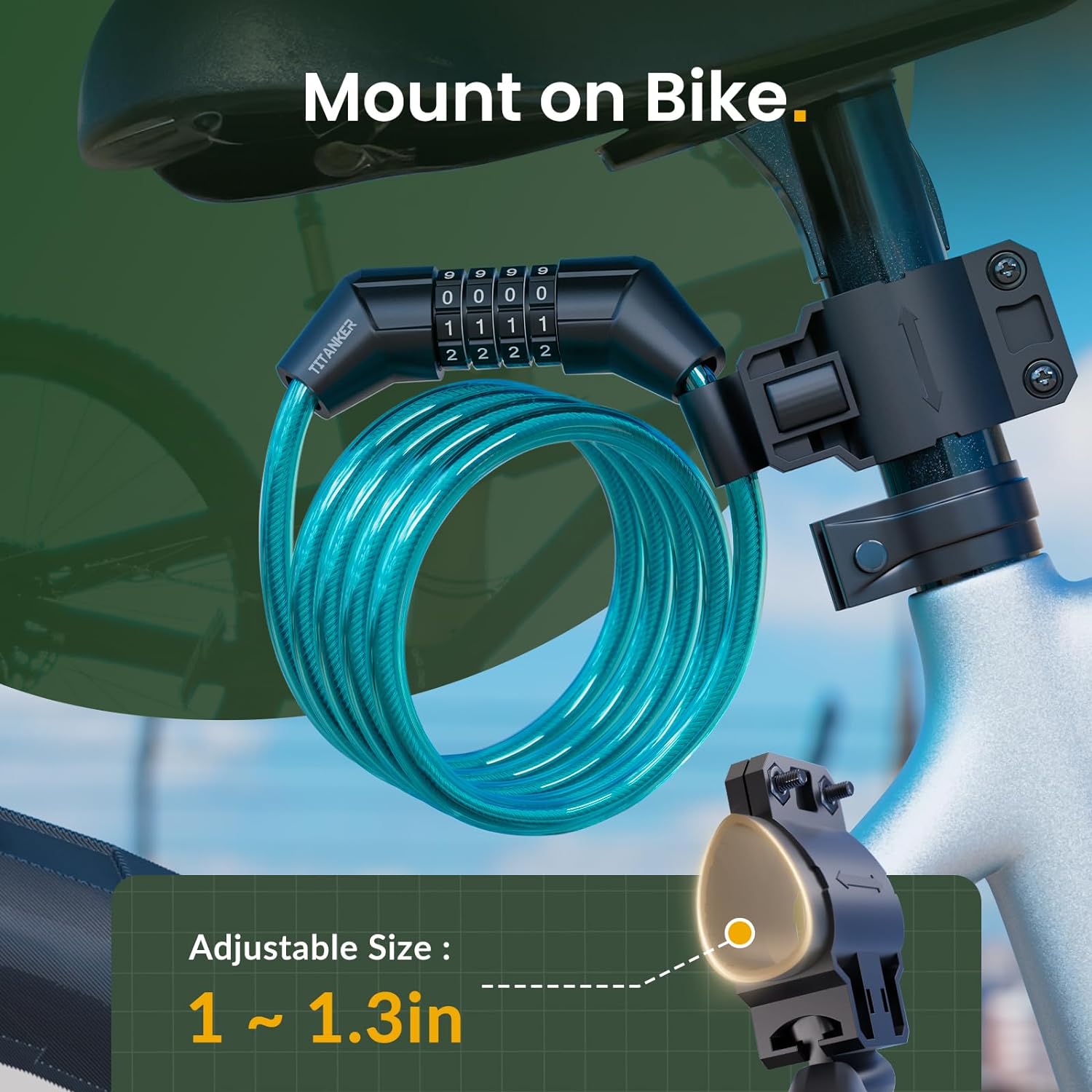 Titanker Cable de bloqueo de bicicleta, bloqueo de cable de bicicleta de 4 pies, bloqueo de cable básico autoenrollable para niños, combinación con