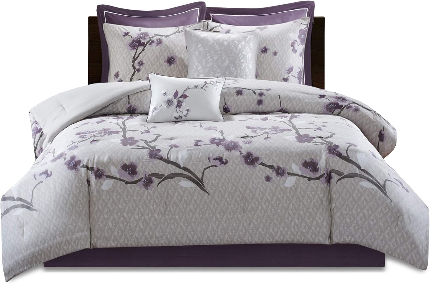 Madison Park Cozy Parrizer Nature Scenery DISEÑO Temporada, Falda de cama a juego, Almohadas decorativas, Reina, Púrpura 8 pieza