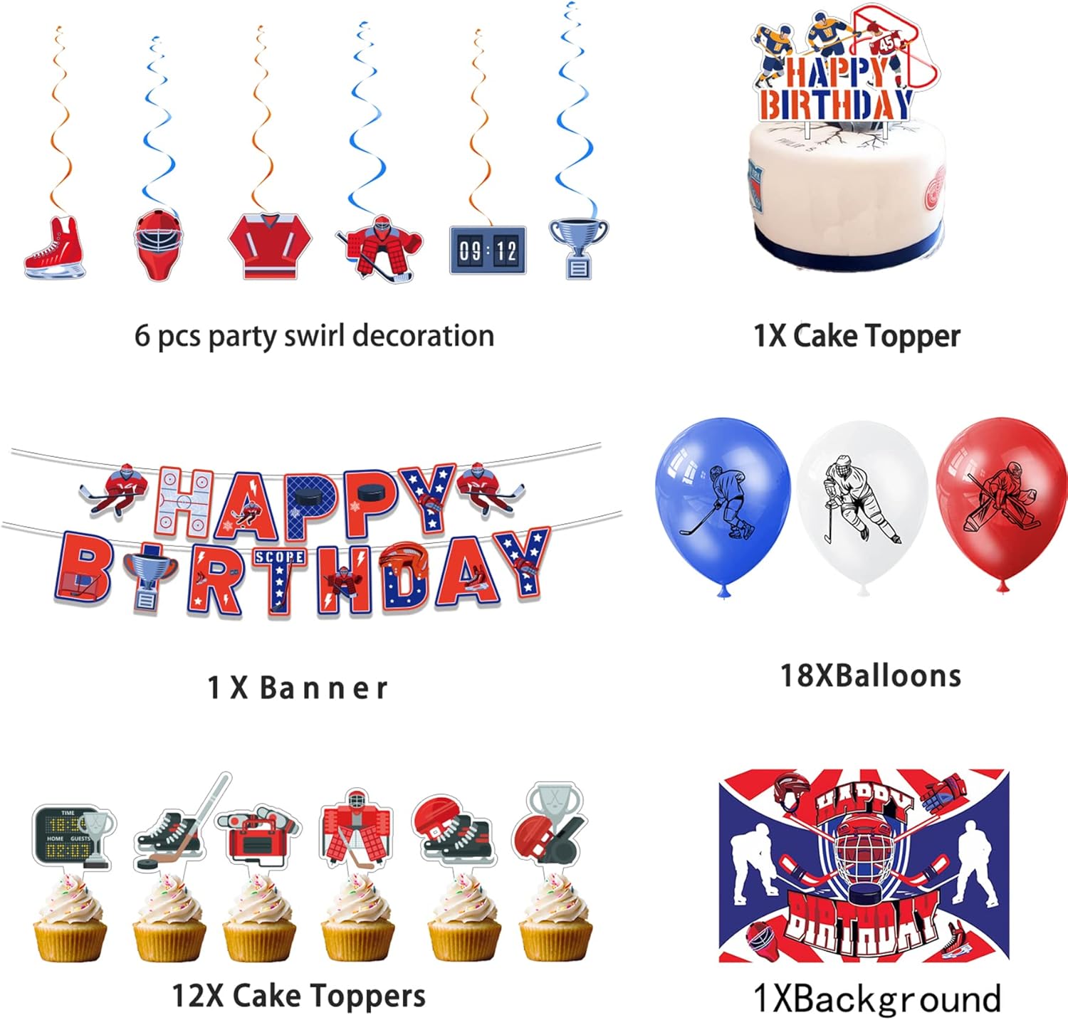 Decoración de fiesta de cumpleaños de hockey sobre hielo, suministros de fiesta de hockey sobre hielo, incluye pancarta de feliz cumpleaños, globos
