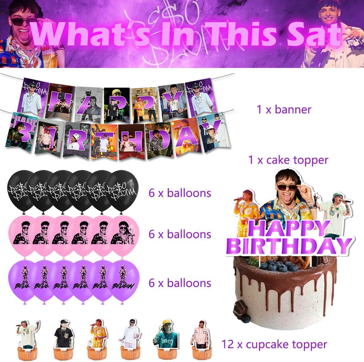 Celebra la fiesta de cumpleaños estilo Peso Pluma  Decoraciones de fiesta incluyendo pancarta, globos, decoración de pastel y adornos para cupcakes