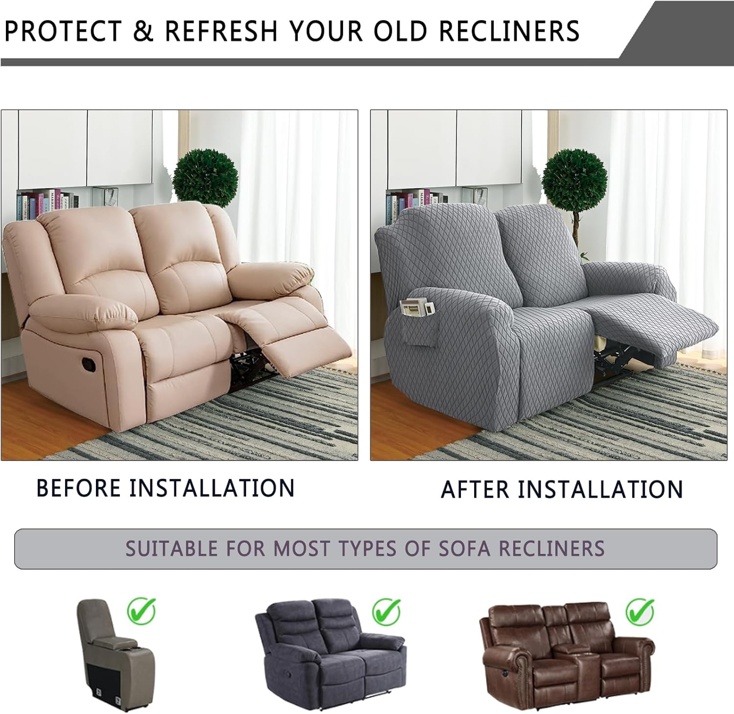XUANZYANG Fundas elásticas para sofá biplaza reclinable, 6 piezas, fundas para sofá reclinable con bolsillos, fundas de sofá reclinable de jacquard,