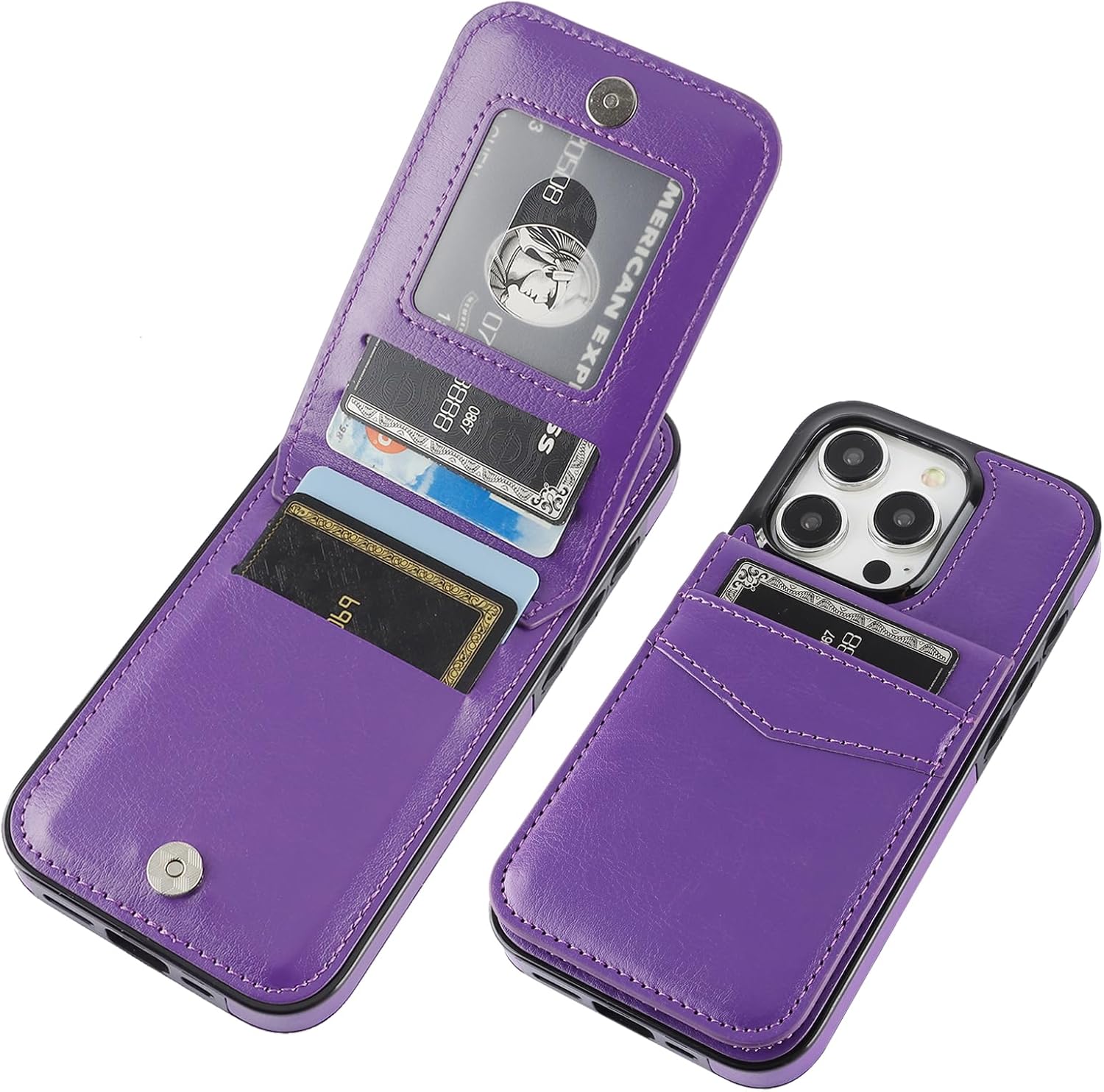 KIHUWEY Funda compatible con iPhone 15 Pro con soporte para tarjeta de crédito, cierre magnético de cuero de alta calidad, función atril, funda