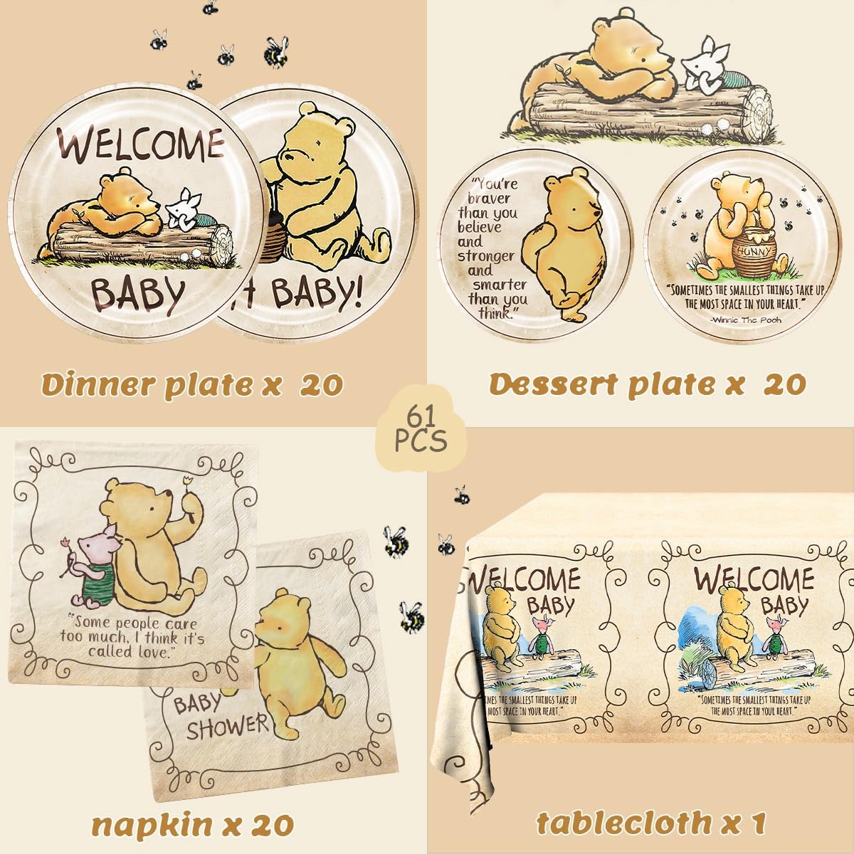 Juego de 81 platos de oso para baby shower, servilletas y tazas de oso para decoración de baby shower, vajilla de oso para niños o niñas, baby
