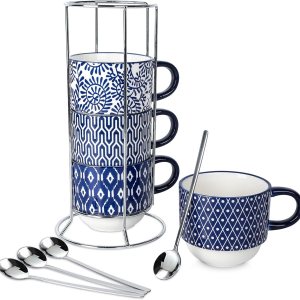 Selamica Juego de tazas de café de cerámica, apilables de 14 onzas, tazas grandes de capuchino de porcelana con cucharas y estante de soporte, Selamica Juego de tazas de café de cerámica, apilables de 14 onzas, tazas grandes de capuchino de porcelana con cucharas y estante de soporte,