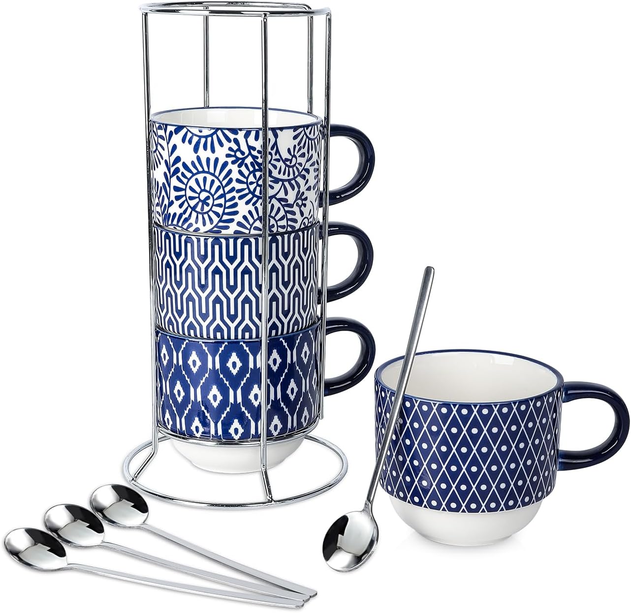 Selamica Juego de tazas de café de cerámica, apilables de 14 onzas, tazas grandes de capuchino de porcelana con cucharas y estante de soporte,