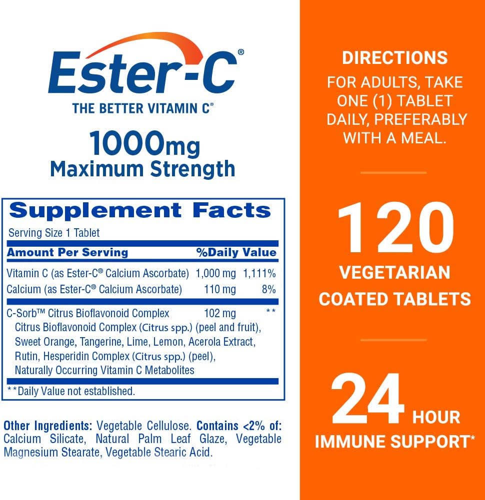 Ester-C 500 mg con cápsulas de bioflavonoides cítricos 120 y vitamina C 1000 mg comprimidos recubiertos, 120 unidades, refuerzo del sistema