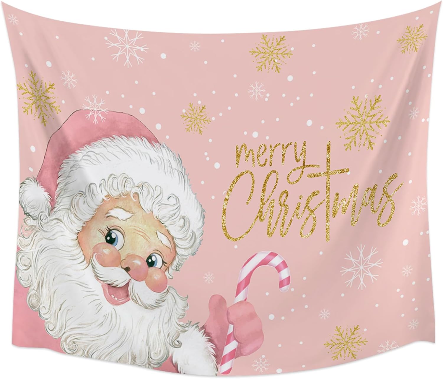 Tapiz de Feliz Navidad para dormitorio, tapiz de Papá Noel rosa, tapiz para colgar en la pared, tapiz de copo de nieve dorado, tapiz de pared para