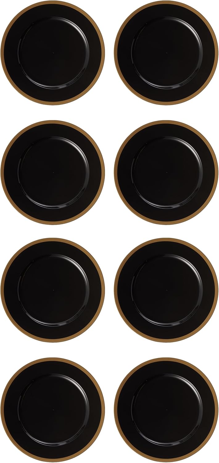 Blue Sky Platos de carga de borde negro y dorado  13 pulgadas, juego de 8  Diseño redondo elegante para eventos  Vajilla de plástico duradero