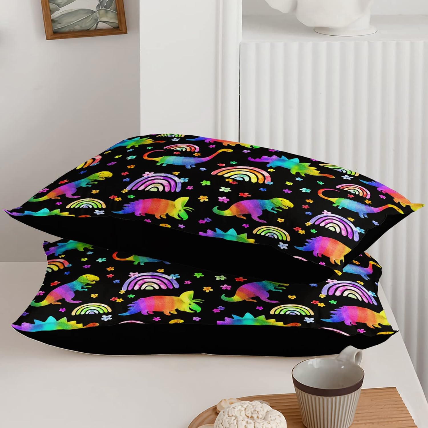 BSNTHO Juego de edredón de dinosaurio arcoíris, juego de ropa de cama de dinosaurio colorido para niños y niñas, edredón de dinosaurio de dibujos