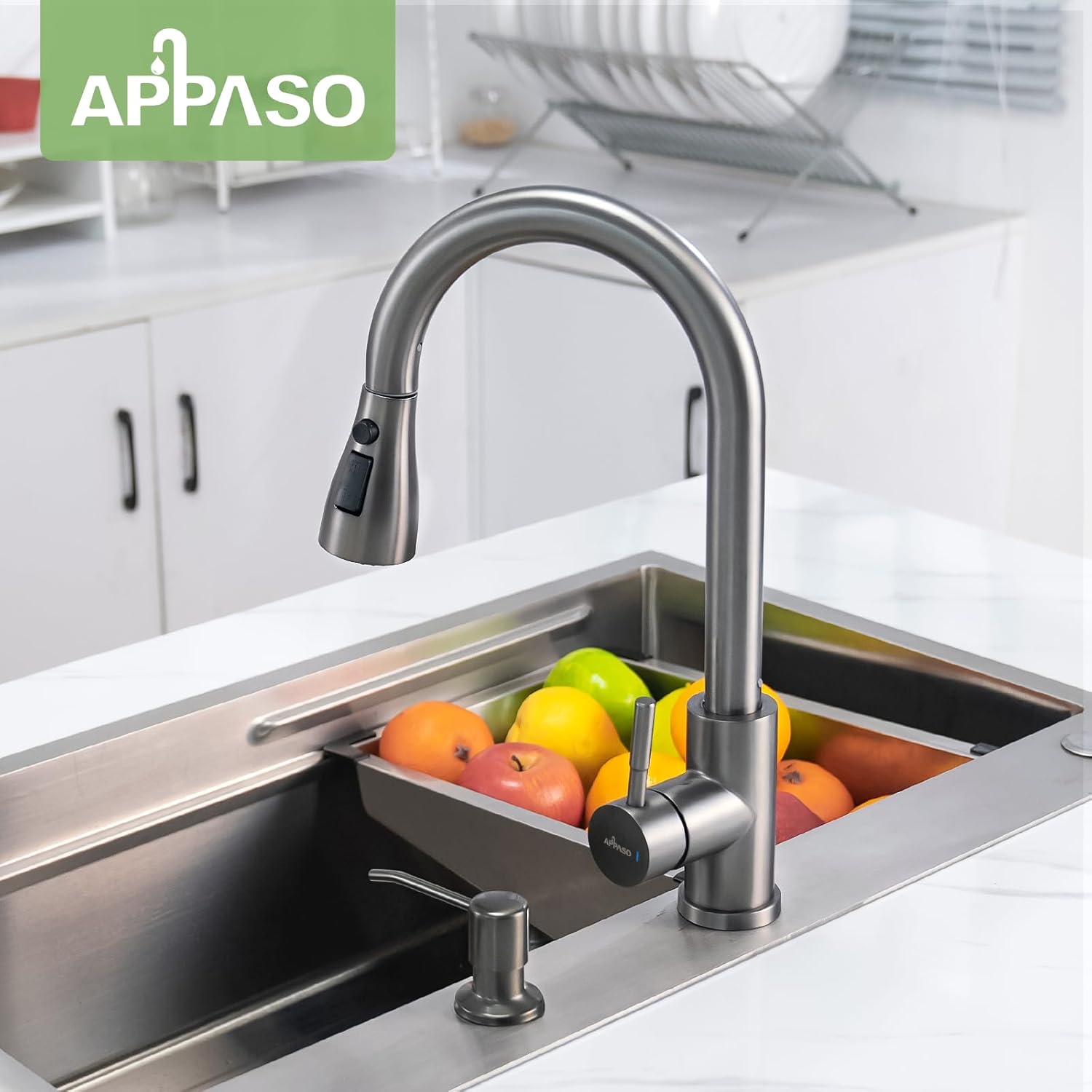 APPASO Grifo de cocina con dispensador de jabón, grifos de fregadero de cocina de acero inoxidable negro con rociador extraíble, 3 modos, grifos de