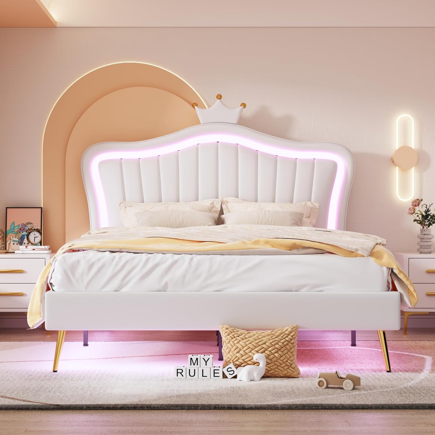 Cama de princesa tamaño Queen con luces LED, marco de cama para niños, con cabecero corona, plataforma tapizada para niños y adolescentes, no
