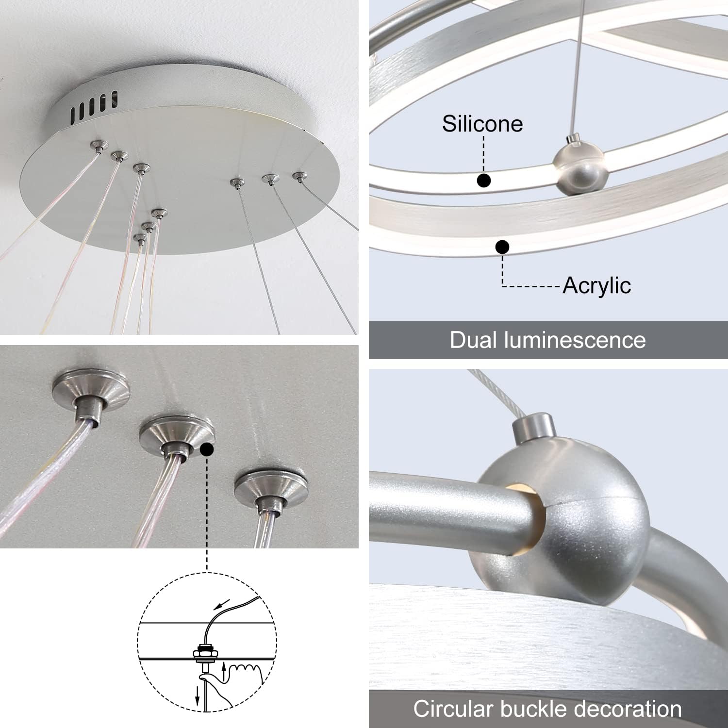 Candelabro LED moderno de 3 anillas, plateado, regulable, 230 W, 3 puntos luminosos, altura ajustable, cables de 59 pulgadas, adecuado para salas de
