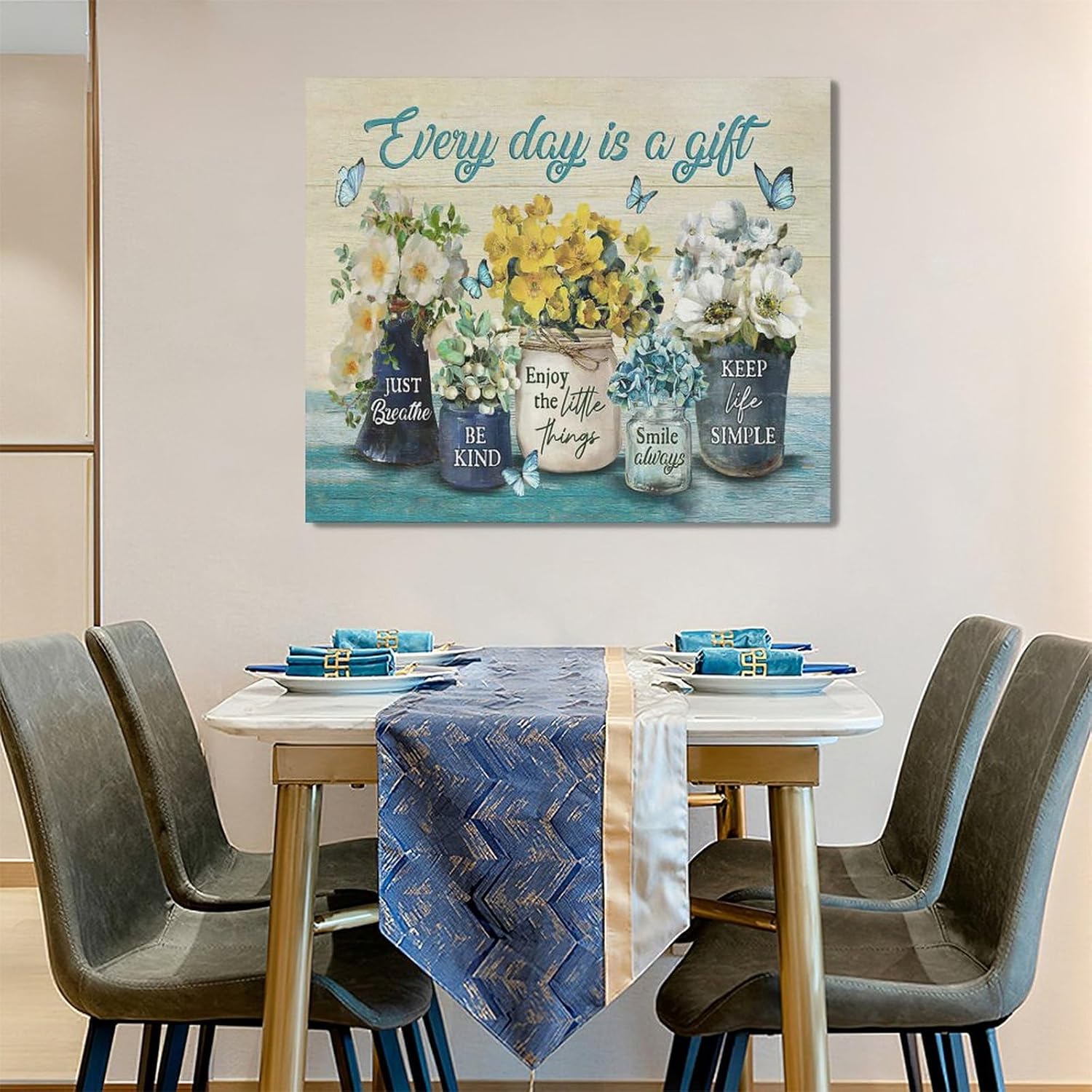 Decoración de pared con diseño de flores de granja para baño, arte de pared Every Day Is A Gift con diseño de mariposas amarillas, imágenes