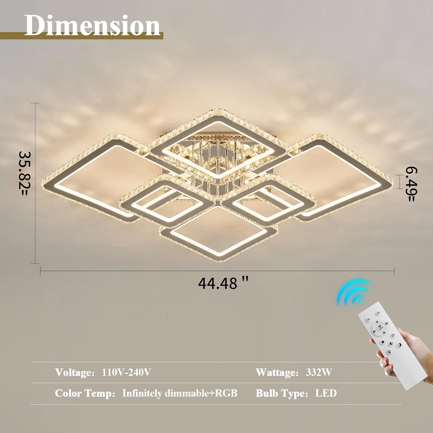 ASGYISA Moderna lámpara LED de techo de cristal grande con control remoto RGB regulable 3 colores cromo lámpara de techo 3000K-6500K lámpara de