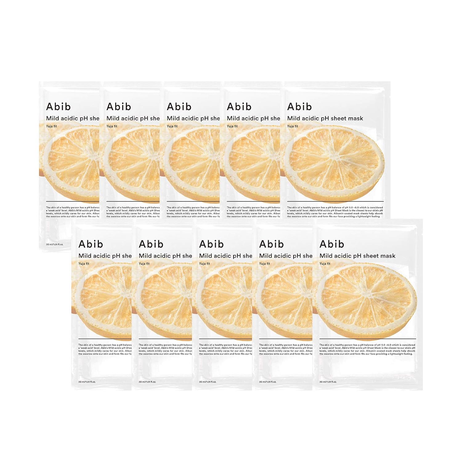 Abib Máscara de hoja de pH ácido suave Yuja Fit 10 hojas I Mascarilla facial de vitamina C para piel oscura y cansada