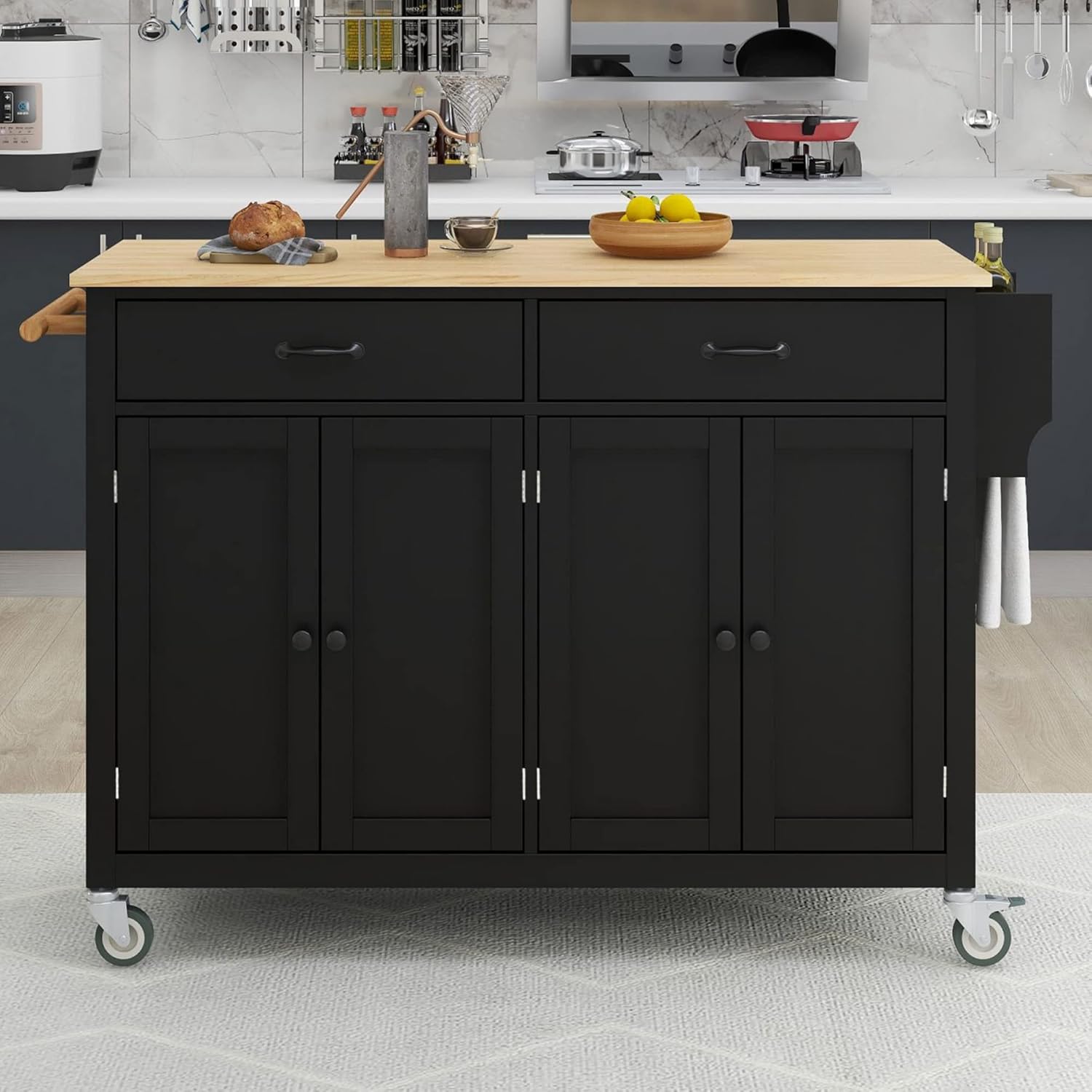 P PURLOVE Carrito de madera para isla de cocina con ruedas de bloqueo, carrito utilitario rodante con 2 cajones y 4 puertas de gabinete, estante de